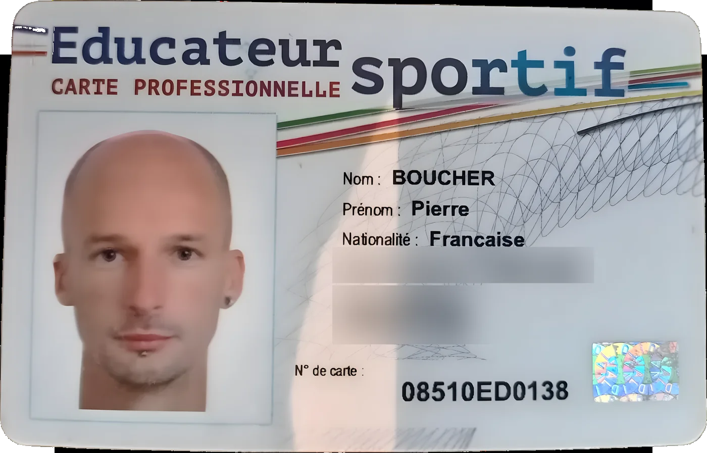Carte professionnelle d'éducateur sportif au nom de Pierre Boucher